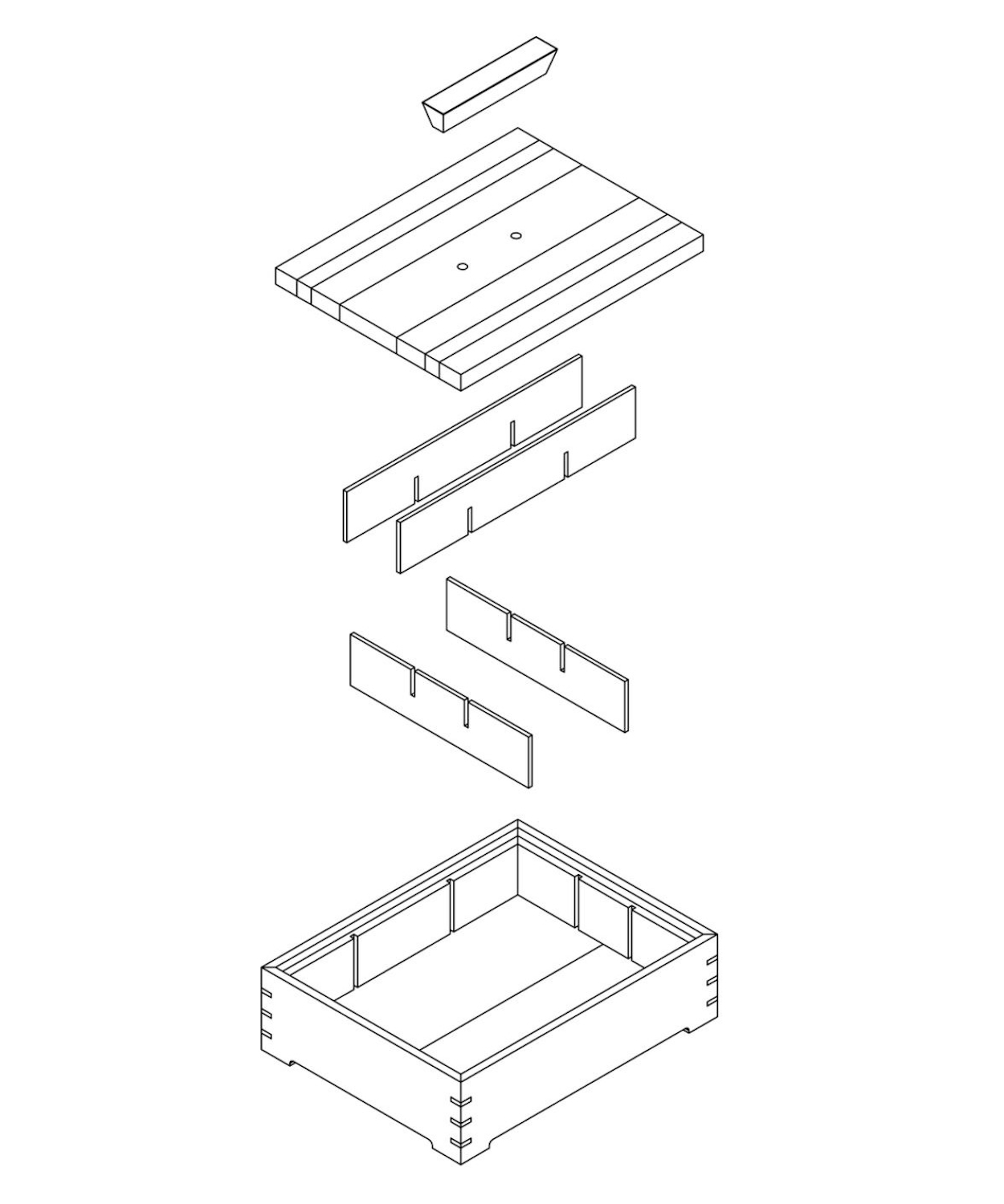 Partial assembly diagram. The dividers are made from 1/8” thick strips that slot into the side panels and intersect through cross halved joints.